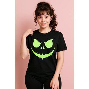Halloween Face Tee Size L Black Neon Green Grinning Face Graphic Shirt